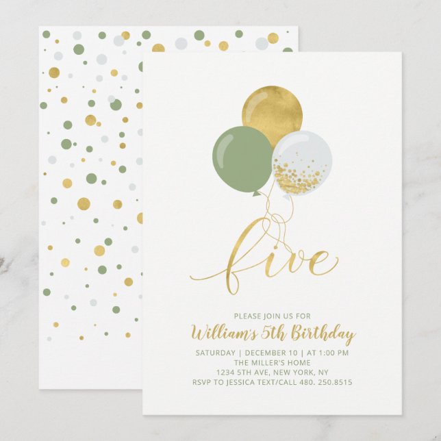 Sage & Gold Balloons Five 5th Birthday Party Invitation (Front/Back)