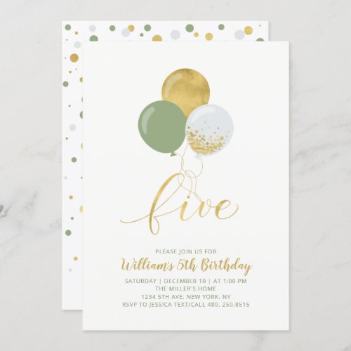 Sage  Gold Balloons Five 5th Birthday Party Invitation