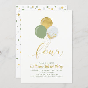 Sage & Gold Balloons Four 4th Birthday Party Invitation