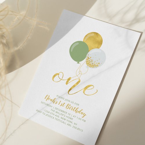 Sage  Gold Balloons  One 1st Birthday Party Invitation