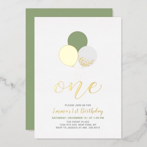 Sage  Gold Balloons  One 1st Girl Birthday Party Foil Invitation