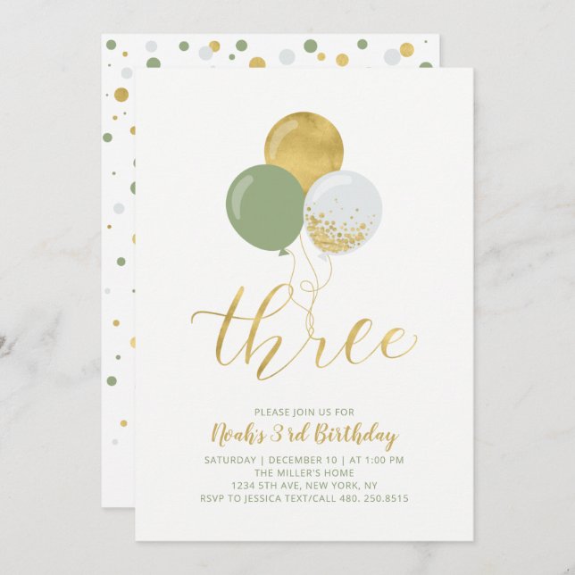 Sage & Gold Balloons Three 3rd Birthday Party Invitation (Front/Back)