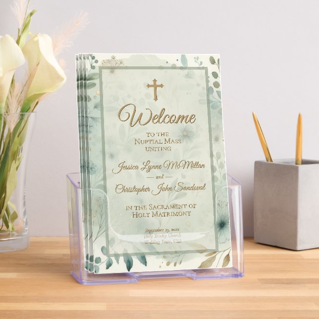 Sage & Gold Boho Chic Catholic Wedding Program Brochure (Insitu)
