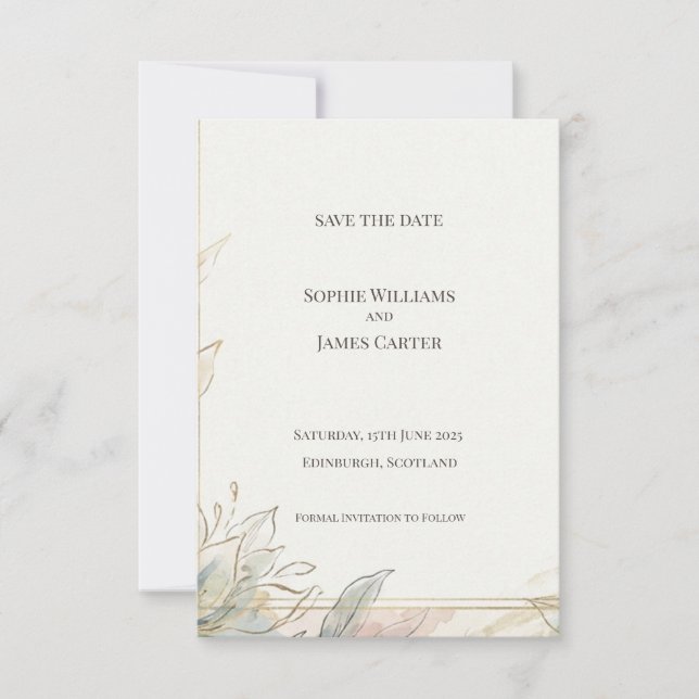 Sage Gold Botanical Save the Date Card (Front)