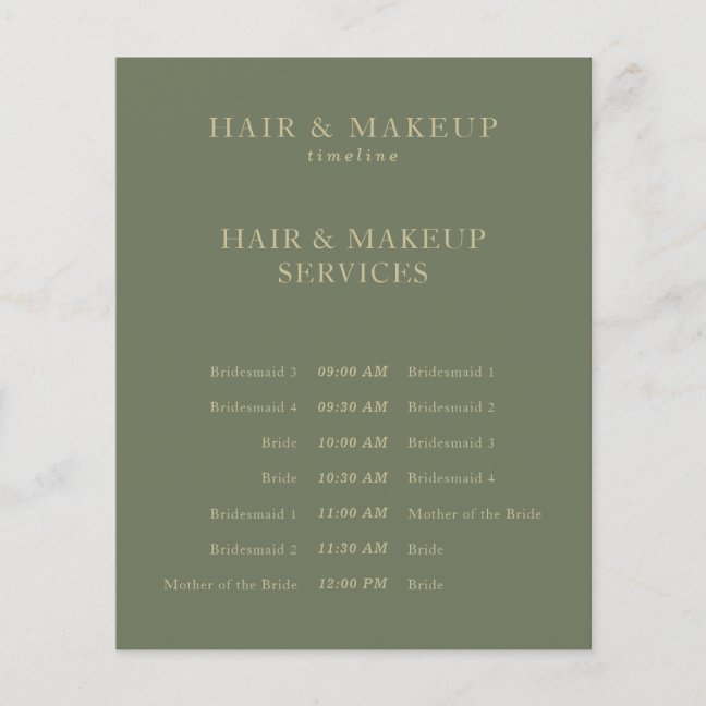 Sage Gold Budget Wedding Hair Makeup Timeline Flyer