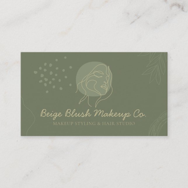 Sage Gold Calligraphy Beauty Face Classy Makeup Business Card (Front)