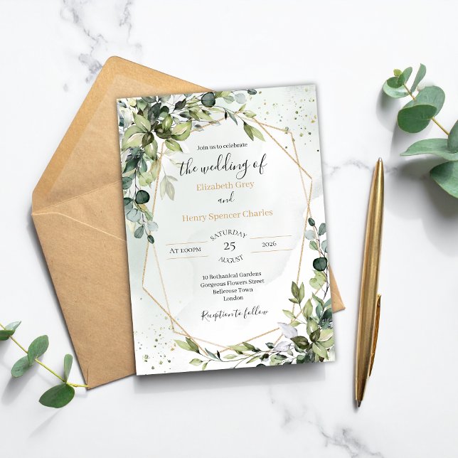 Sage gold eucalyptus geometric A5 wedding invite (Creator Uploaded)
