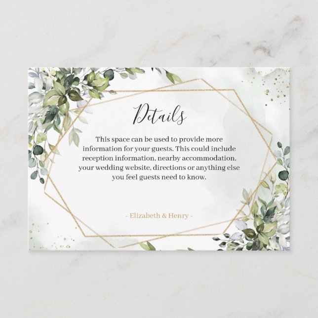 Sage gold eucalyptus geometric wedding detail card (Front)