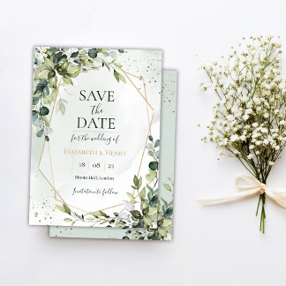 Sage gold eucalyptus geometric wedding save date invitation
