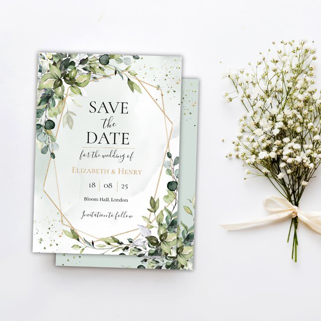 Sage gold eucalyptus geometric wedding save date invitation (Creator Uploaded)