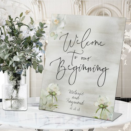 Sage  Gold Floral Welcome To Our Beginning  Pedestal Sign