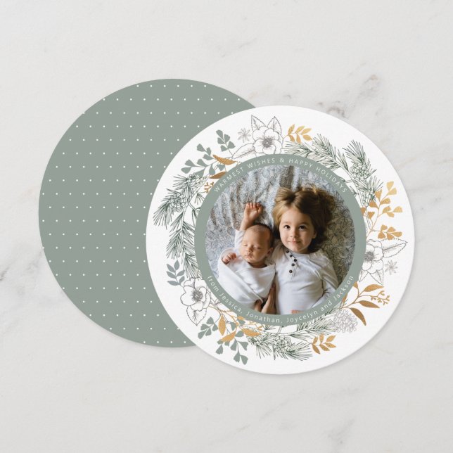 Sage Gold Floral Wreath Custom Photo Holiday Card (Front/Back)
