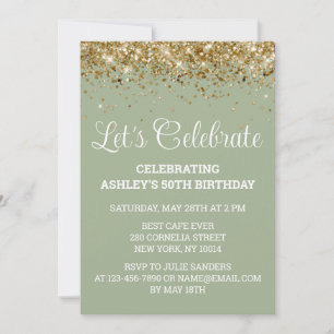 Sage & Gold Glitter 50th Birthday Let's Celebrate Invitation