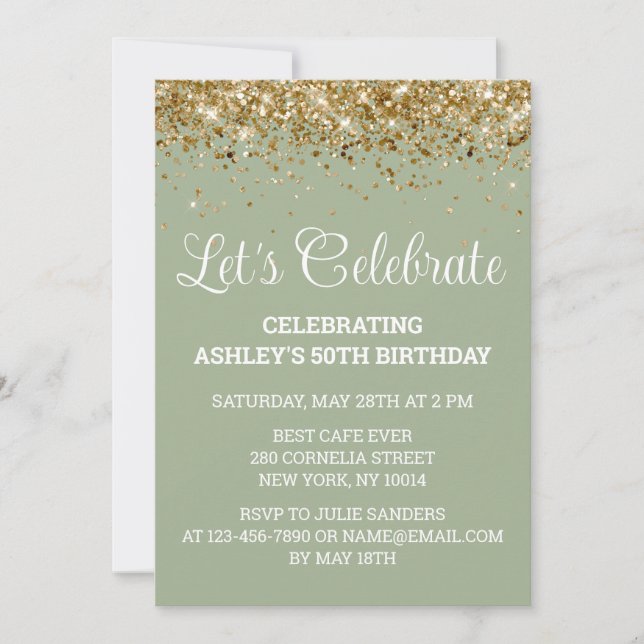 Sage & Gold Glitter 50th Birthday Let's Celebrate Invitation (Front)
