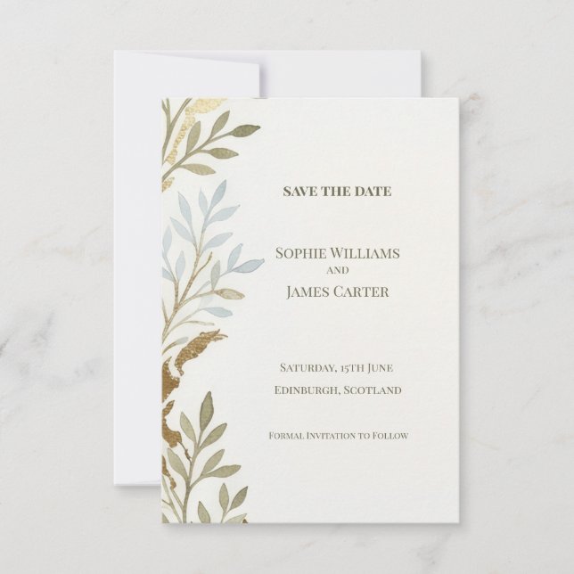 Sage Gold Leaf Save The Date Card (Front)