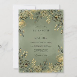 Sage Gold Leafy Wedding Invitation