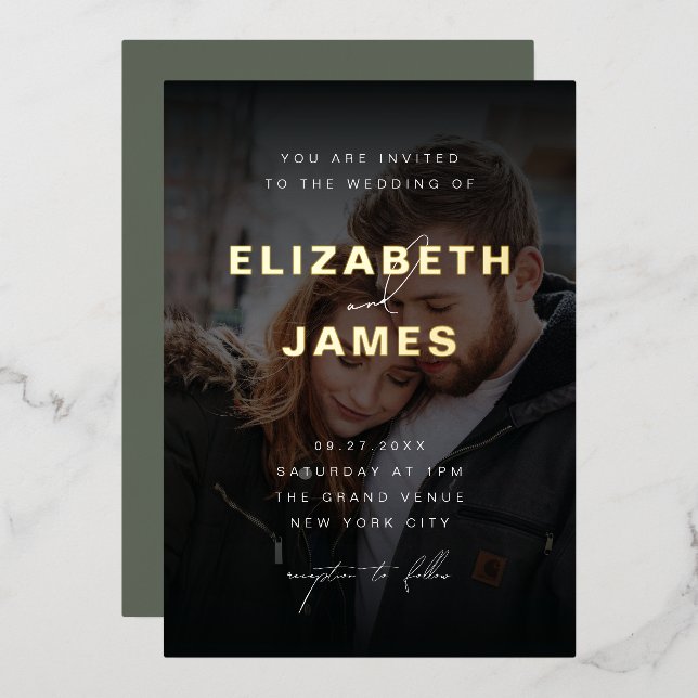 Sage & Gold Modern Minimalist Rustic Wedding Foil Invitation (Front/Back)