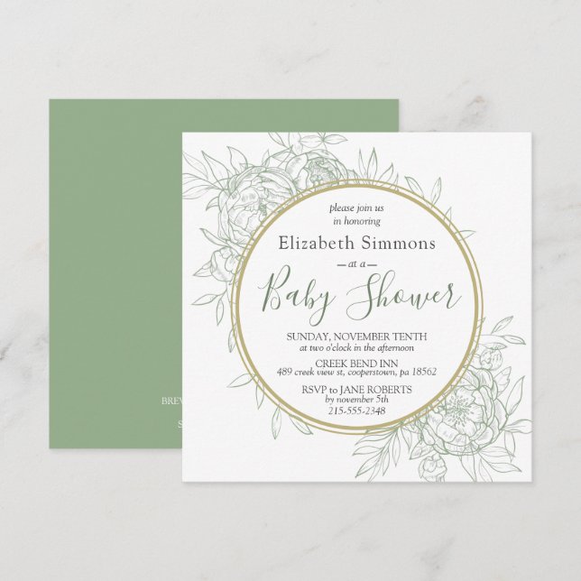 Sage & Gold Peony Modern Floral Toile Baby Shower Invitation (Front/Back)