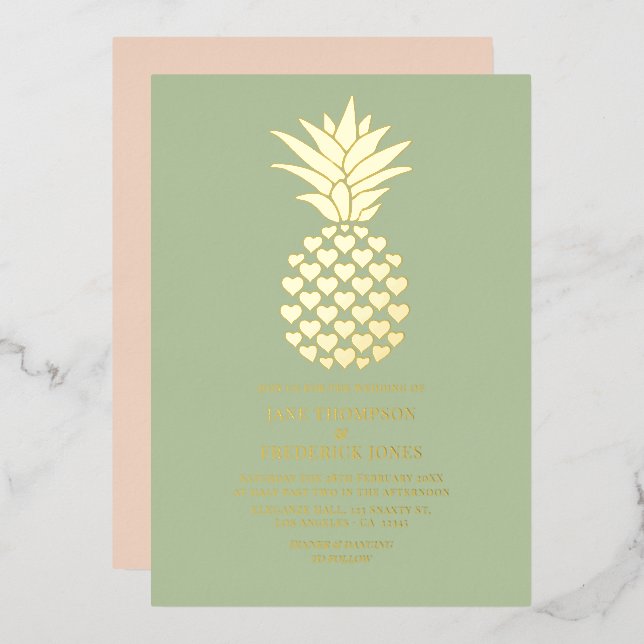 Sage & Gold Tropical Pineapple Wedding Foil Invitation (Front/Back)
