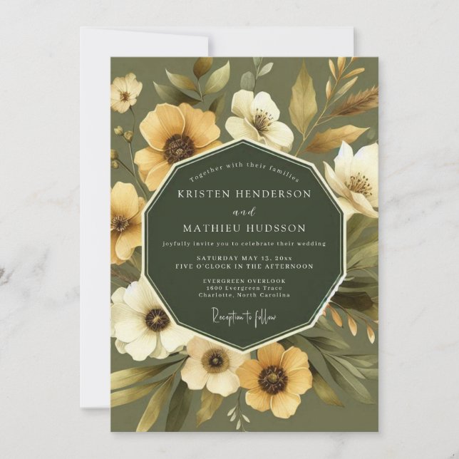 Sage Golden Vintage Flora Wedding Invitation (Front)
