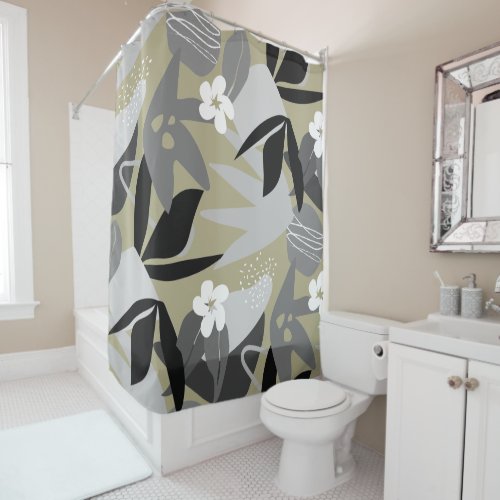 Sage Gray Black  White Modern Botanical Pattern Shower Curtain