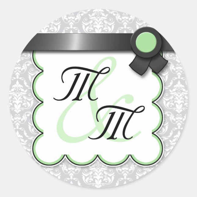 Sage & Gray Damask Double Monogram Stickers (Front)