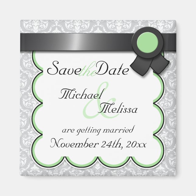 Sage & Gray Damask Save the Date Magnet (Front)
