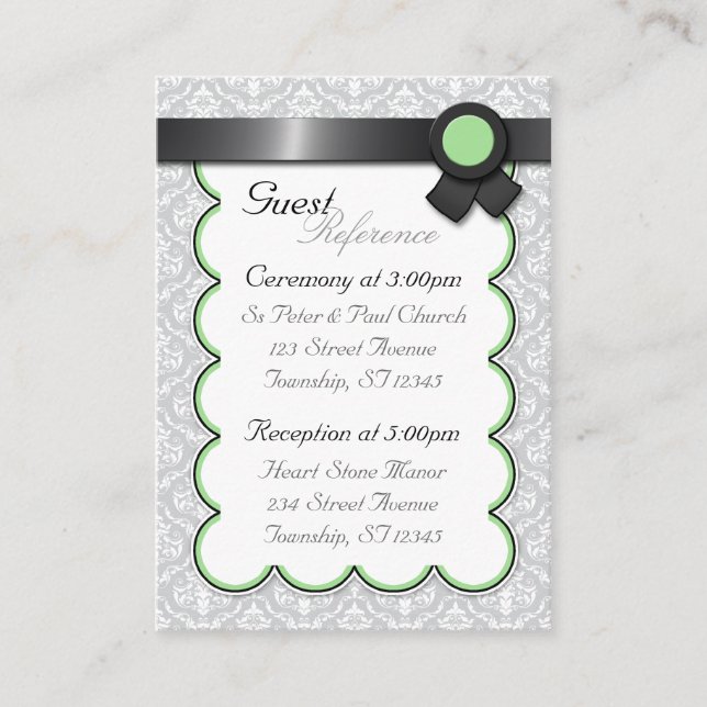 Sage & Gray Damask Wedding Guest Reference Cards (Front)