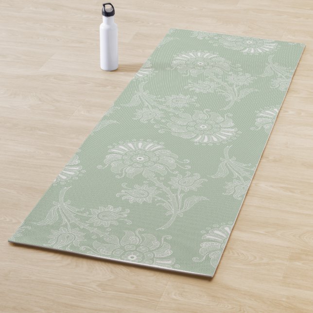 Sage Gray Green Floral Lace Yoga Mat (In Situ)