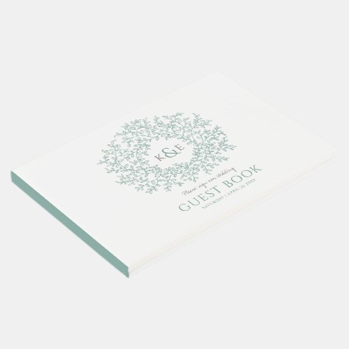 Sage gray green white leaf monogram art wedding guest book