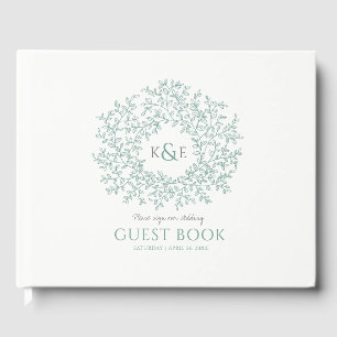 Sage gray green white leaf monogram art wedding guest book