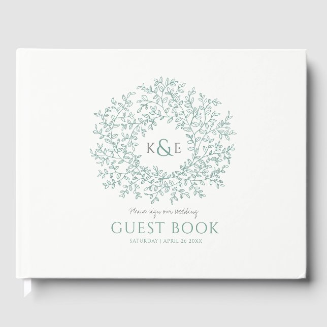 Sage gray green white leaf monogram art wedding guest book (Front)