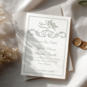 Sage Gray Toile de Jouy Cherub Save the Date Card