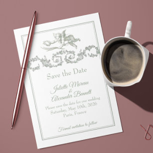 Sage Gray Toile de Jouy Cherub Save the Date Card