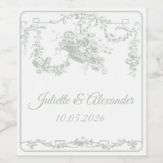 Sage Gray Toile de Jouy Wedding Bottle Label 