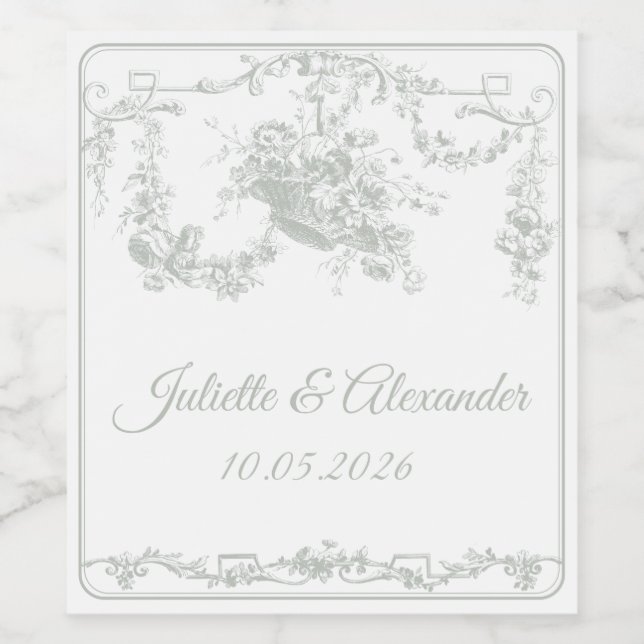 Sage Gray Toile de Jouy Wedding Bottle Label  (Single Label)