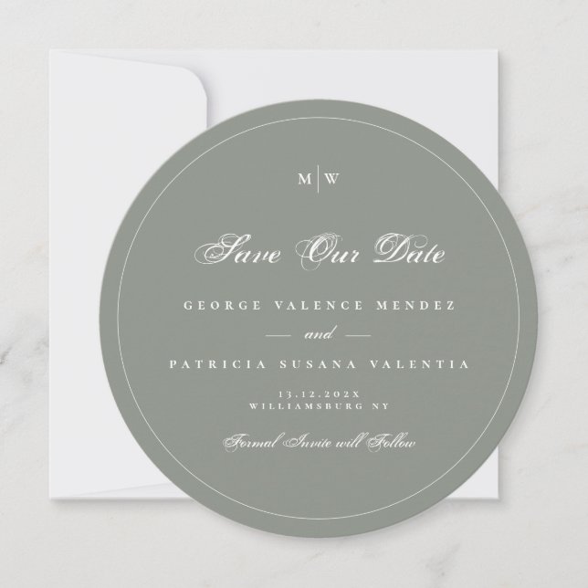 Sage Gray White Elegant Round Photo Save The Date Invitation (Front)