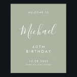 Sage Gree Handwritten Script 40th Birthday Welcome Poster<br><div class="desc">Sage Green Handwritten Script 40th Birthday Welcome Welcome guests to your event with this customizable birthday party welcome sign. It features a handwritten script and simple typography. Personalize this minimalist 40th birthday welcome sign by adding your own event details. The texts are fully editable for any event. This handwritten birthday...</div>