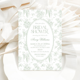 Sage Gree Toile Floral Vintage Bridal Shower Invitation