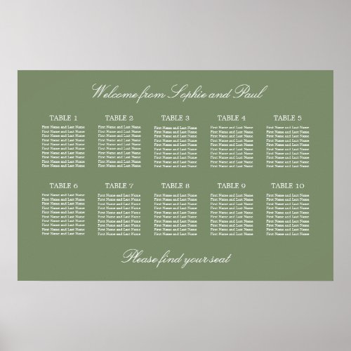 Sage Green 10 Table Wedding Seating Chart Poster