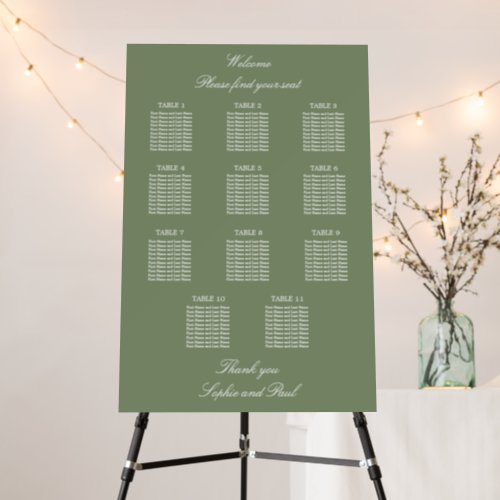 Sage Green 11 Table Wedding Seating Chart Foam Board