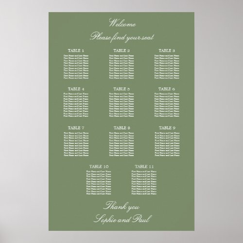 Sage Green 11 Table Wedding Seating Chart Poster