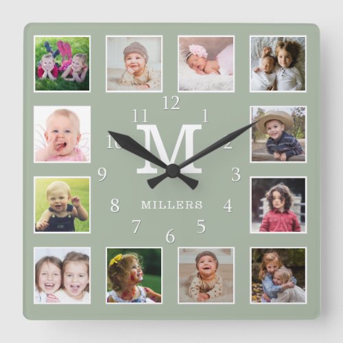 Sage Green 12 Photo Collage Family Name Monogram  Square Wall Clock