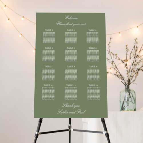 Sage Green 12 Table Wedding Seating Chart Foam Board