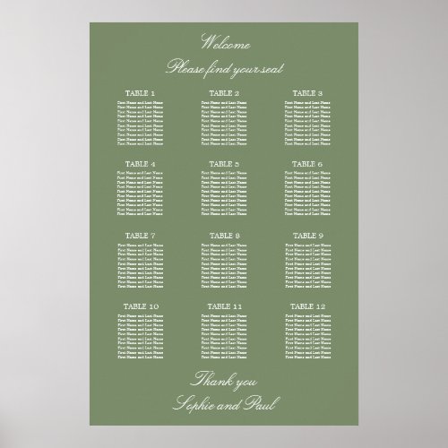 Sage Green 12 Table Wedding Seating Chart Poster