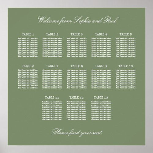 Sage Green 13 Table Wedding Seating Chart Poster