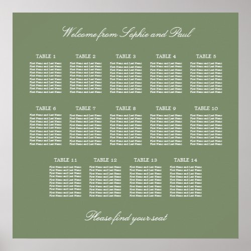 Sage Green 14 Table Wedding Seating Chart Poster