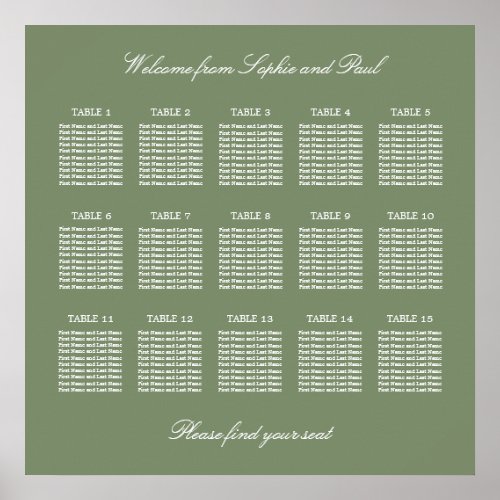 Sage Green 15 Table Wedding Seating Chart Poster