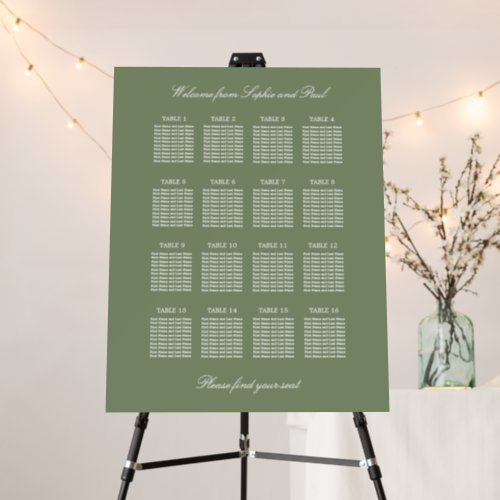 Sage Green 16 Table Wedding Seating Chart Foam Board