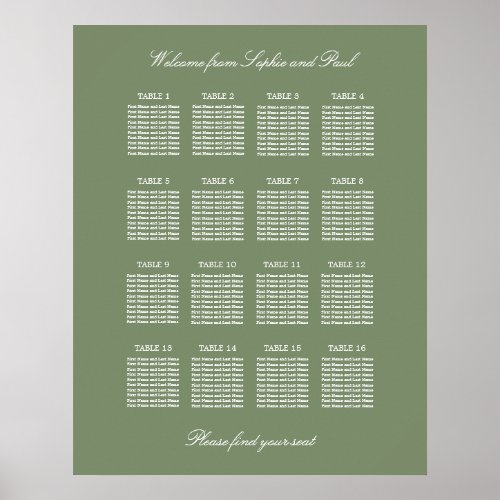 Sage Green 16 Table Wedding Seating Chart Poster